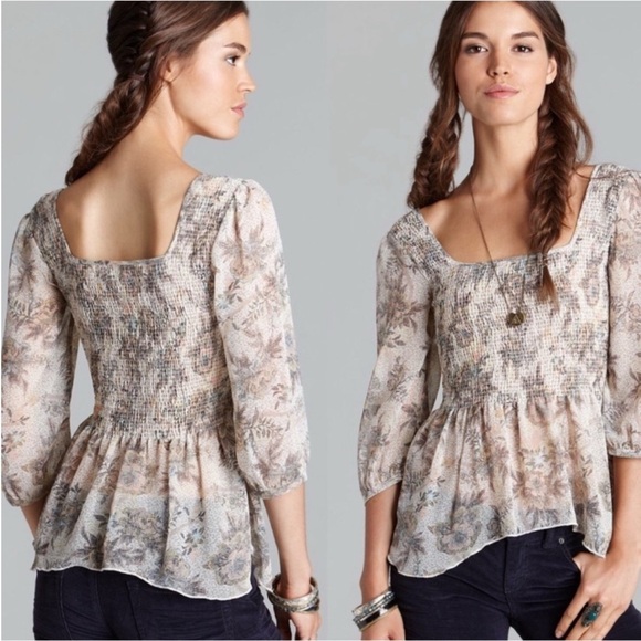 Free People Tops - Free People Cream Tan Floral Ever After Blouse Medium‎ Chiffon